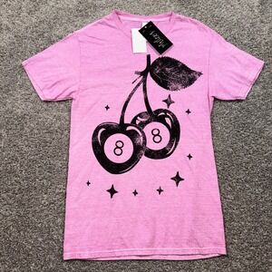 Philcos 8 Ball Cherry Graphic Short Sleeve T-Shirt Women Star Pink Sz Small NEW